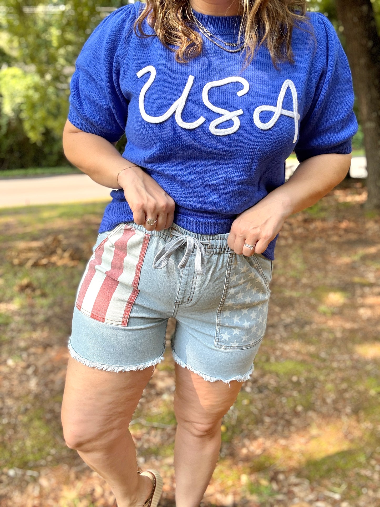 Adorable You High Rise Stars & Stripes Pocket Drawstring Shorts