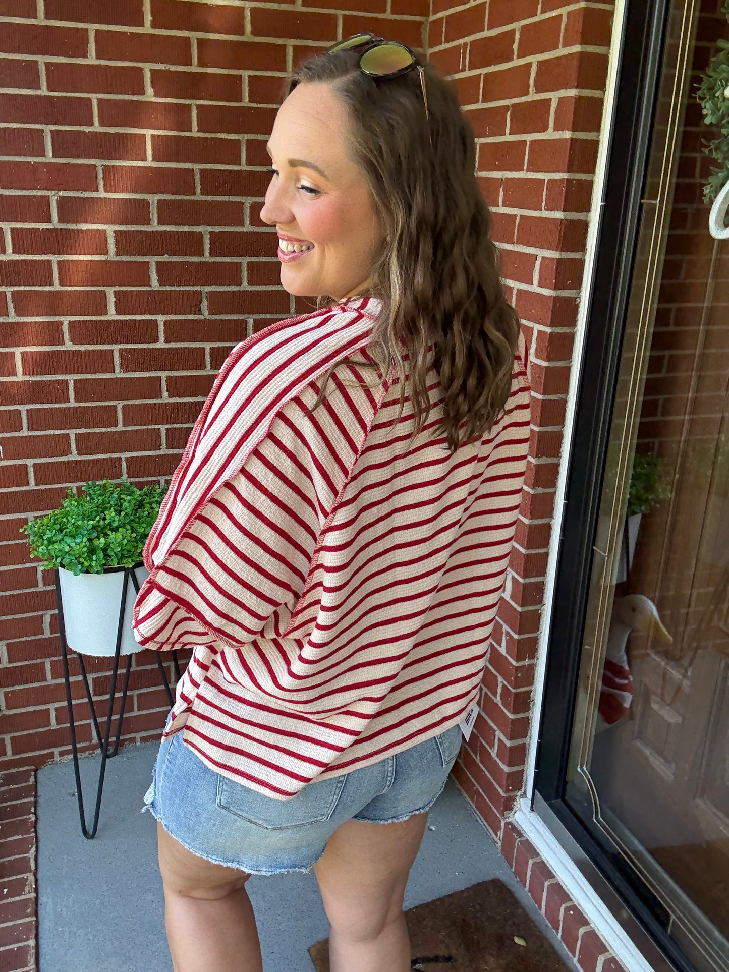 Casual Chic Cotton Red & Cream Stripe Raglan 3/4 Sleeve Pullover