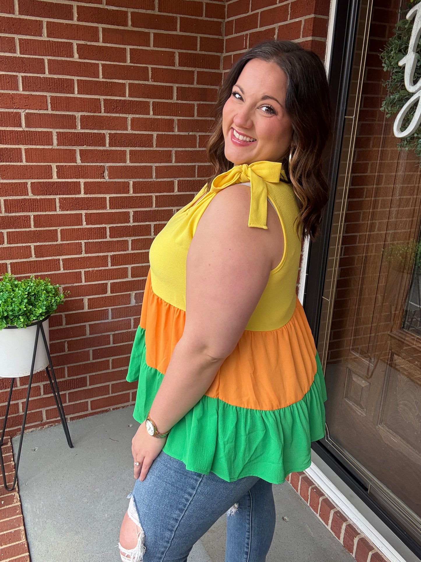 Bright + Bold Tiered Shoulder Tie Crepe Top