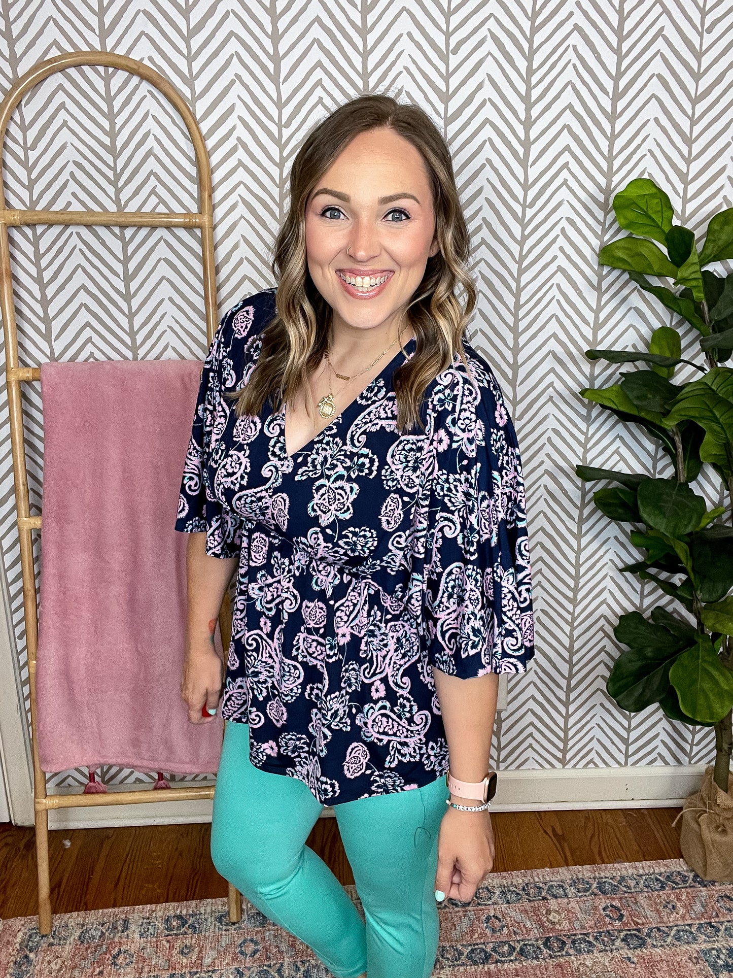 Dreamer Peplum Top in Navy and Pink Paisley