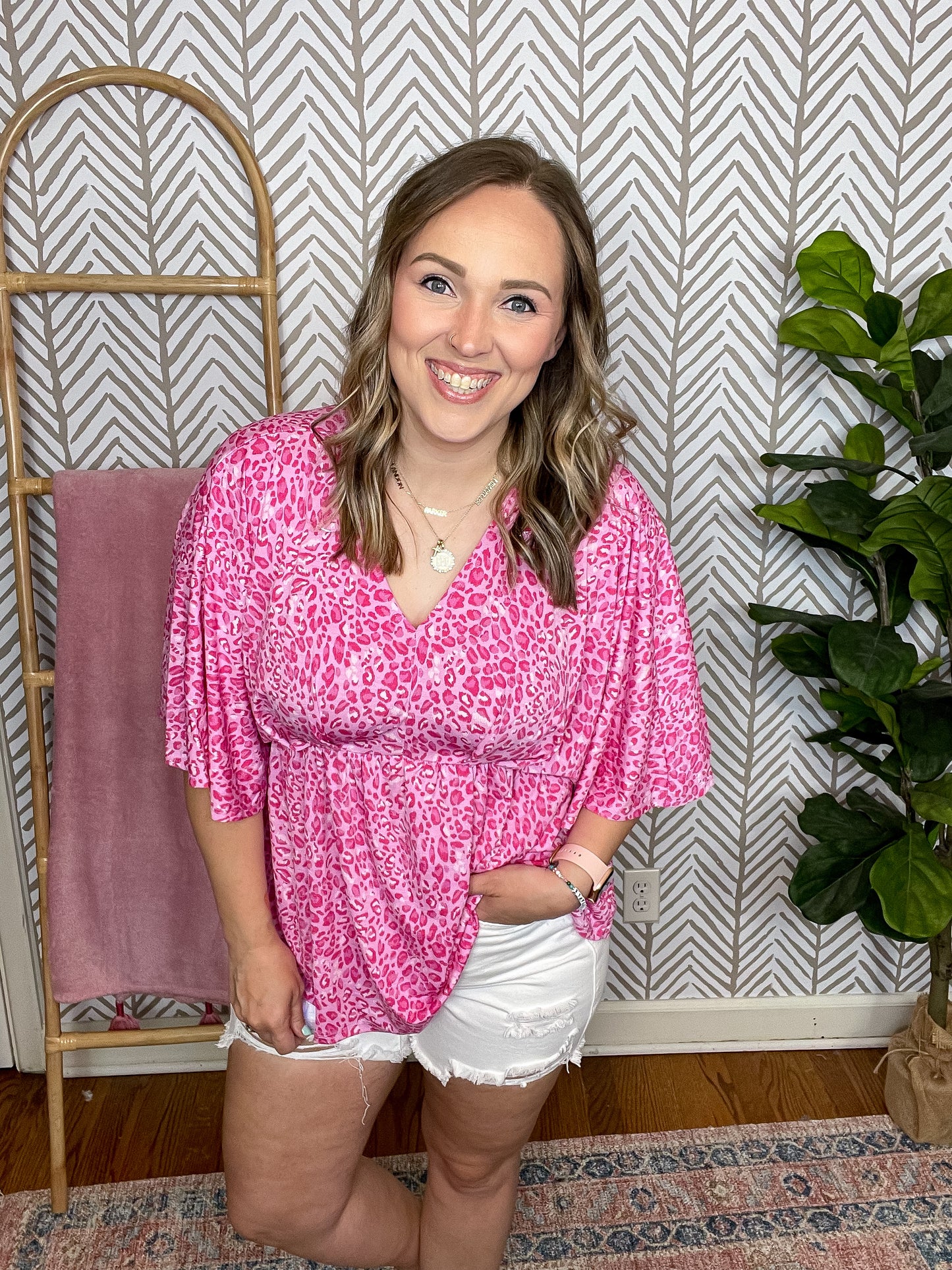 Dreamer Peplum Top in Pink Leopard