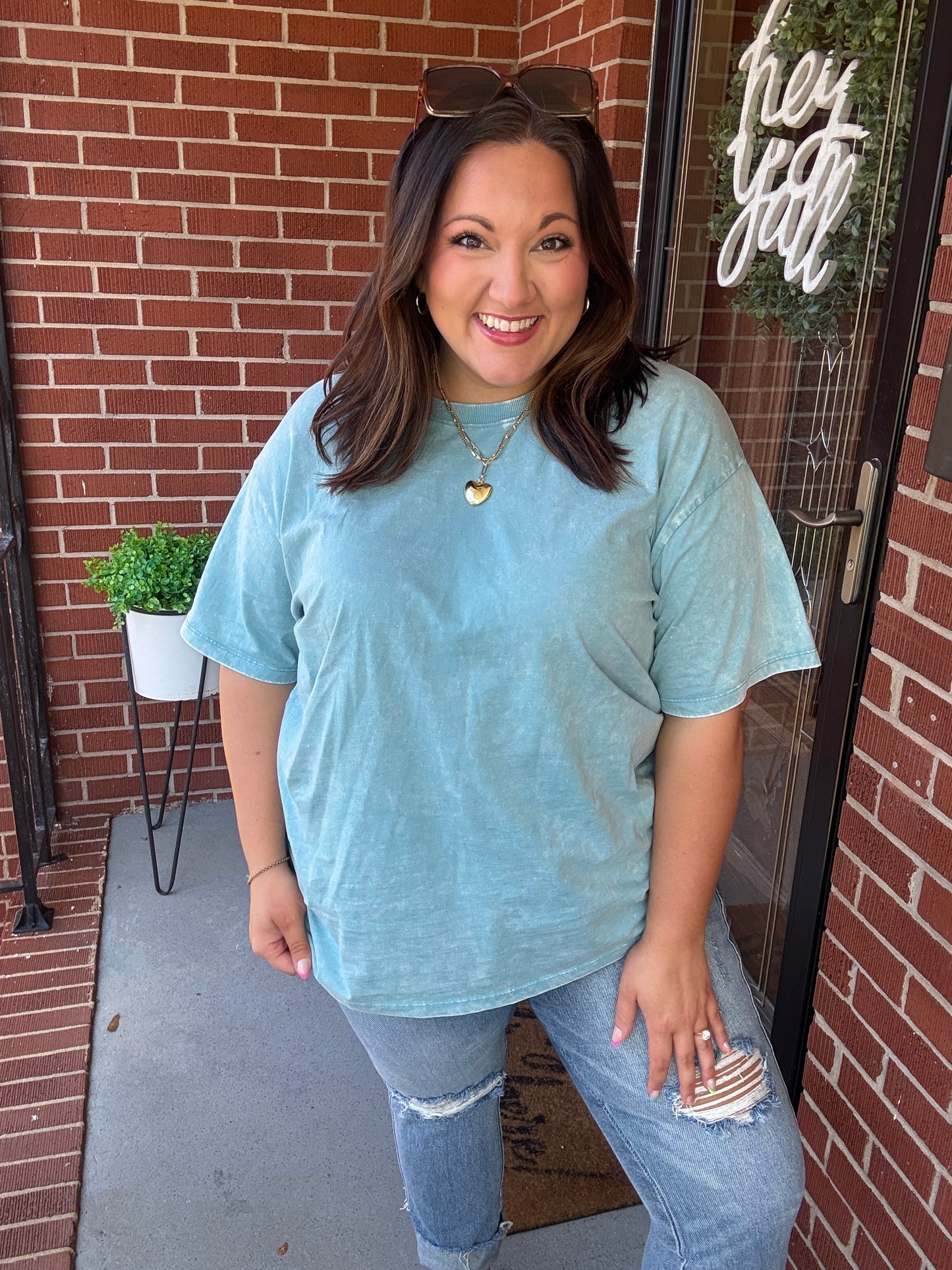 Casual Basic Drop Shoulder Oversized Tee in Dusty Teal