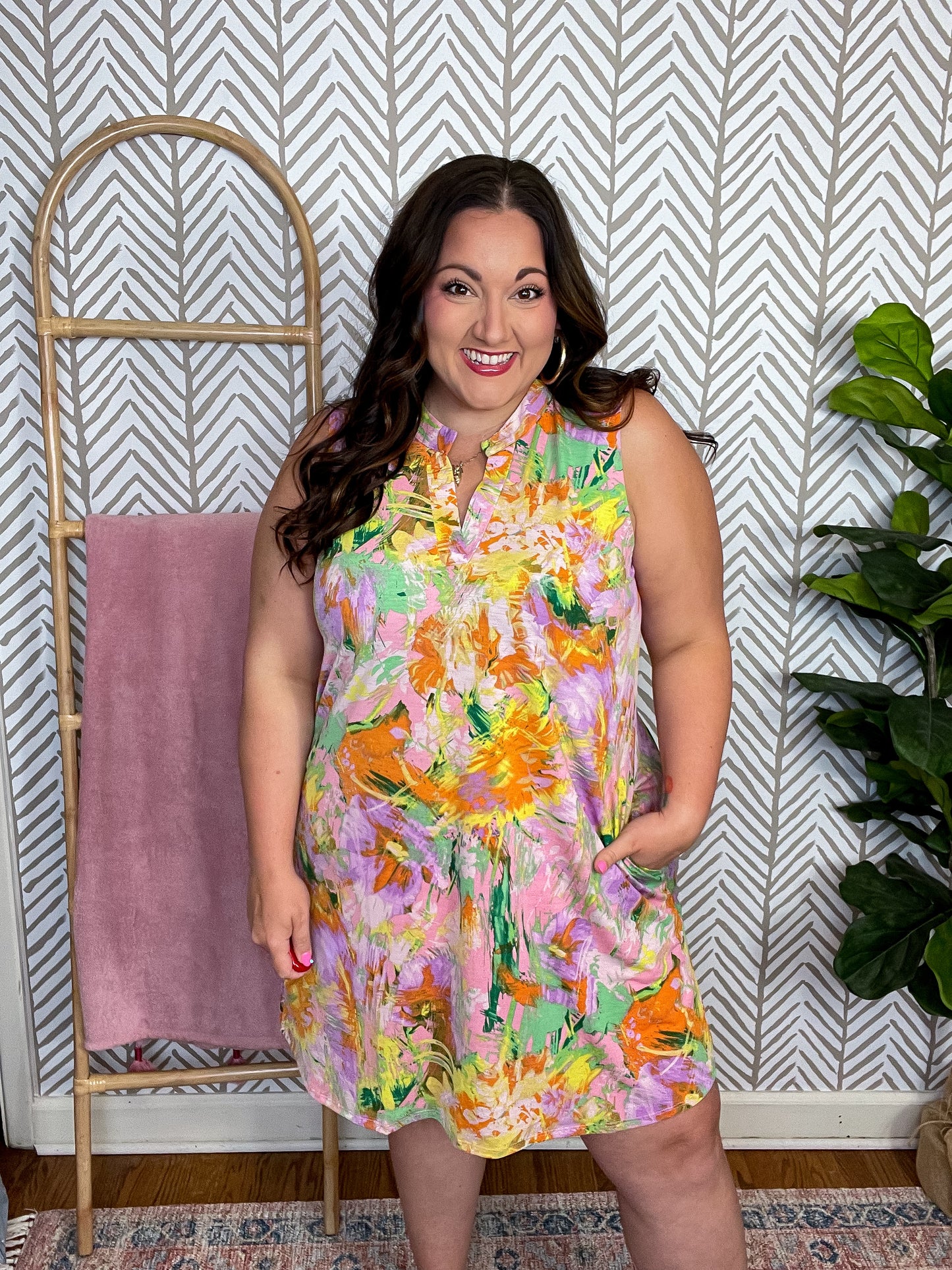 Lizzy Tank Dress in Pink and Marigold Brushed