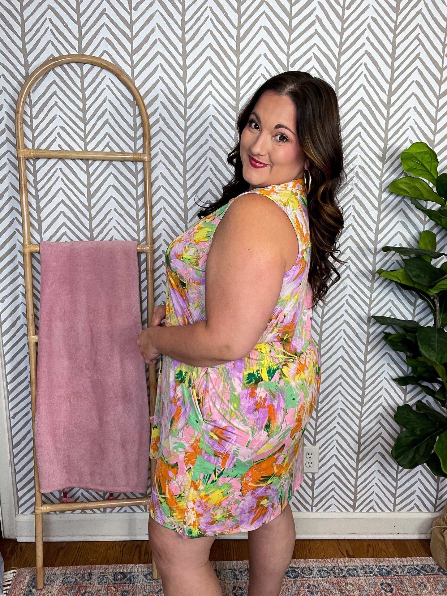 Lizzy Tank Dress in Pink and Marigold Brushed