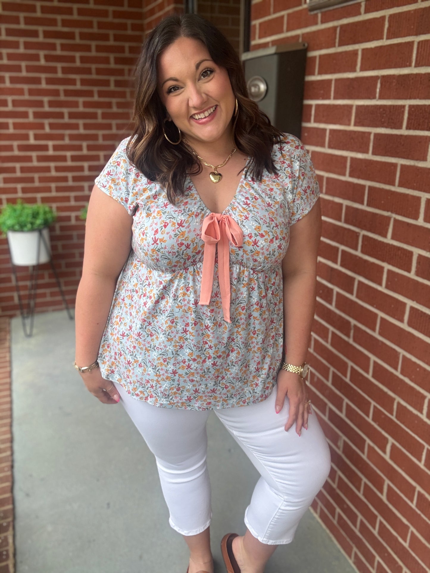 Be Charming Sky Blue Floral Print Elastic Neck Ribbon Tie Top