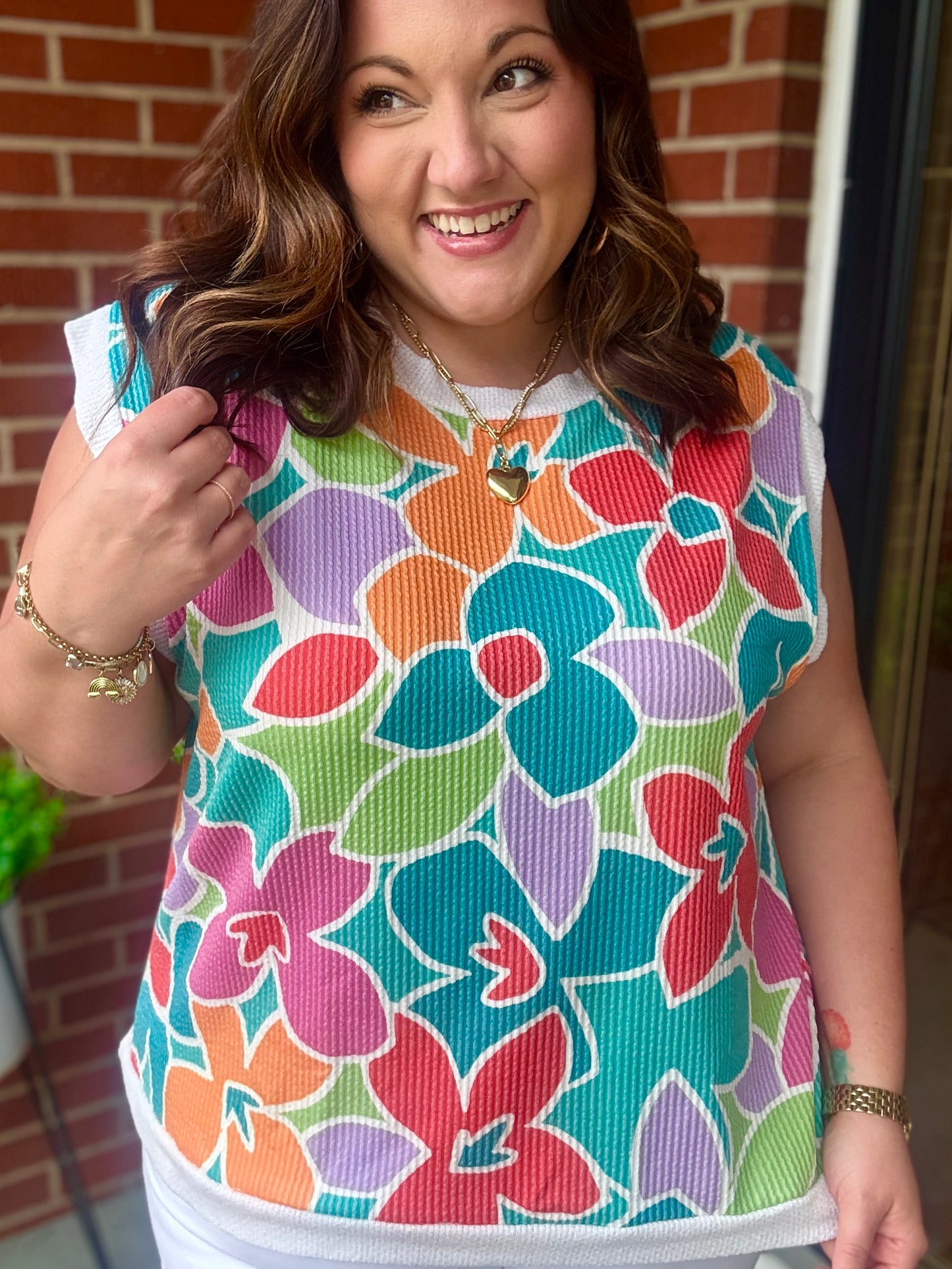 Hey Gorgeous Teal Multicolor Floral Rib Dolman Sleeve Top