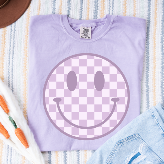 Purple Checker Smiley Comfort Colors Tee