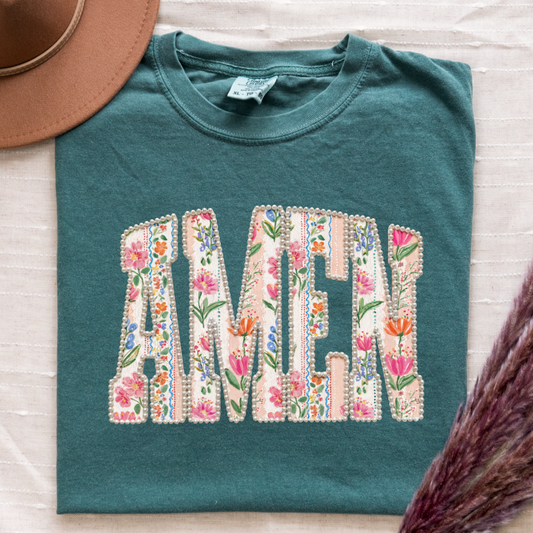 Pearl and Floral 'Amen' Comfort Colors Tee