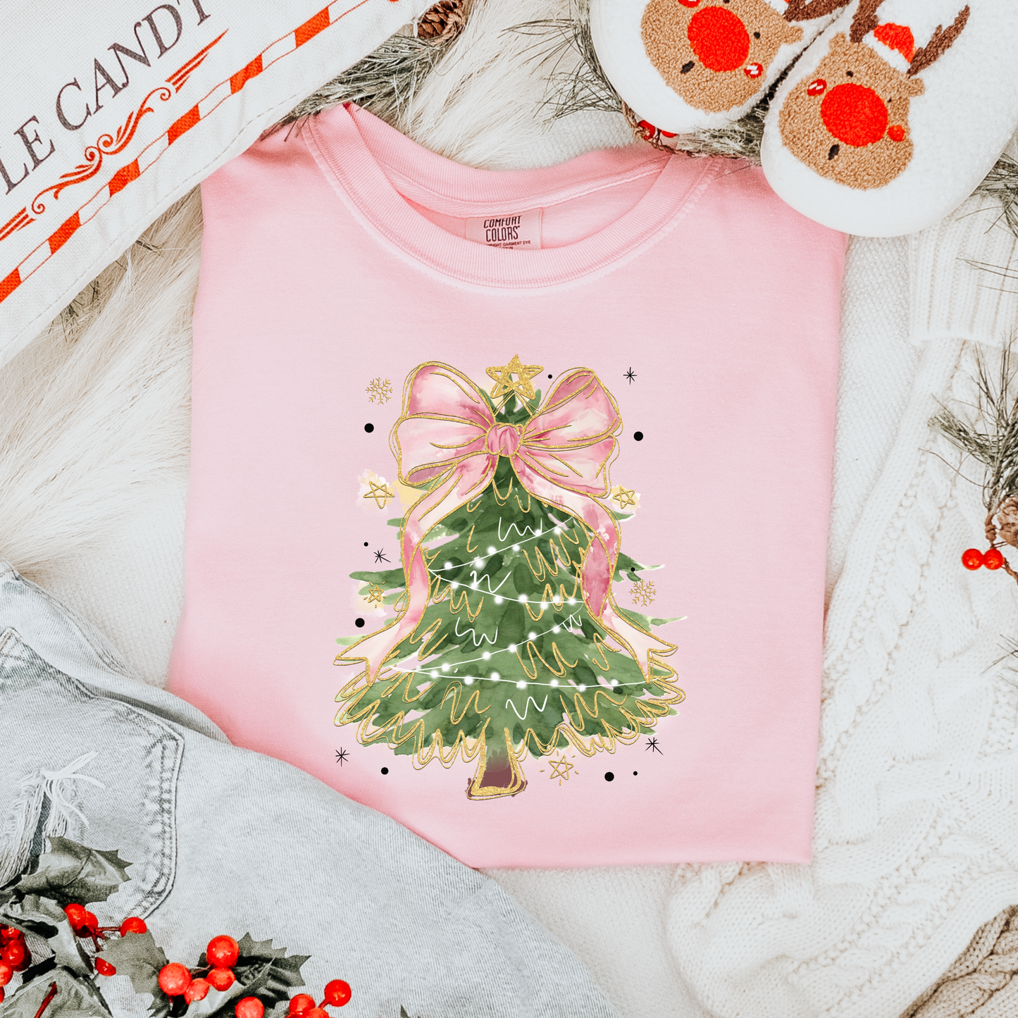 Pink Bow Tree Comfort Colors Tee