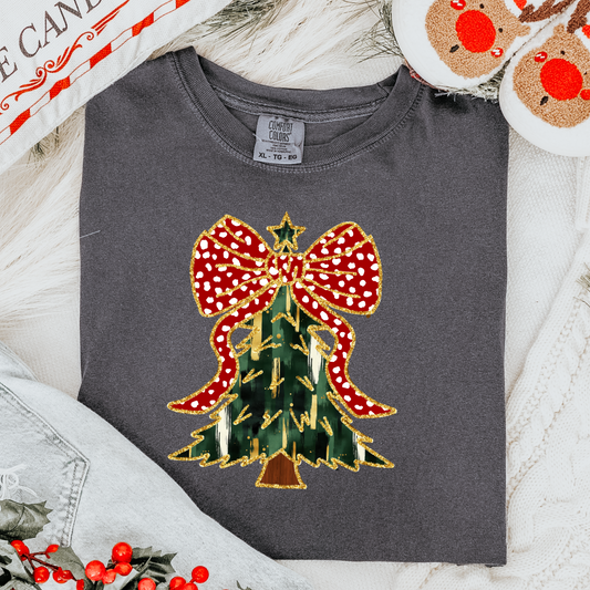 Faux Glitter Bow Tree Comfort Colors Tee