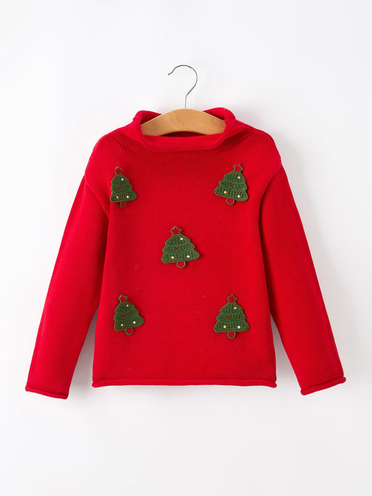 Christmas Red Knit Sweater with Embroidered Tree Appliqué