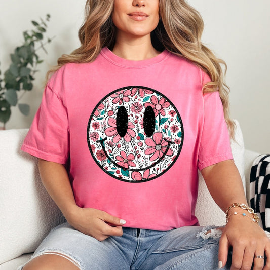 Floral Smiley Comfort Colors Tee