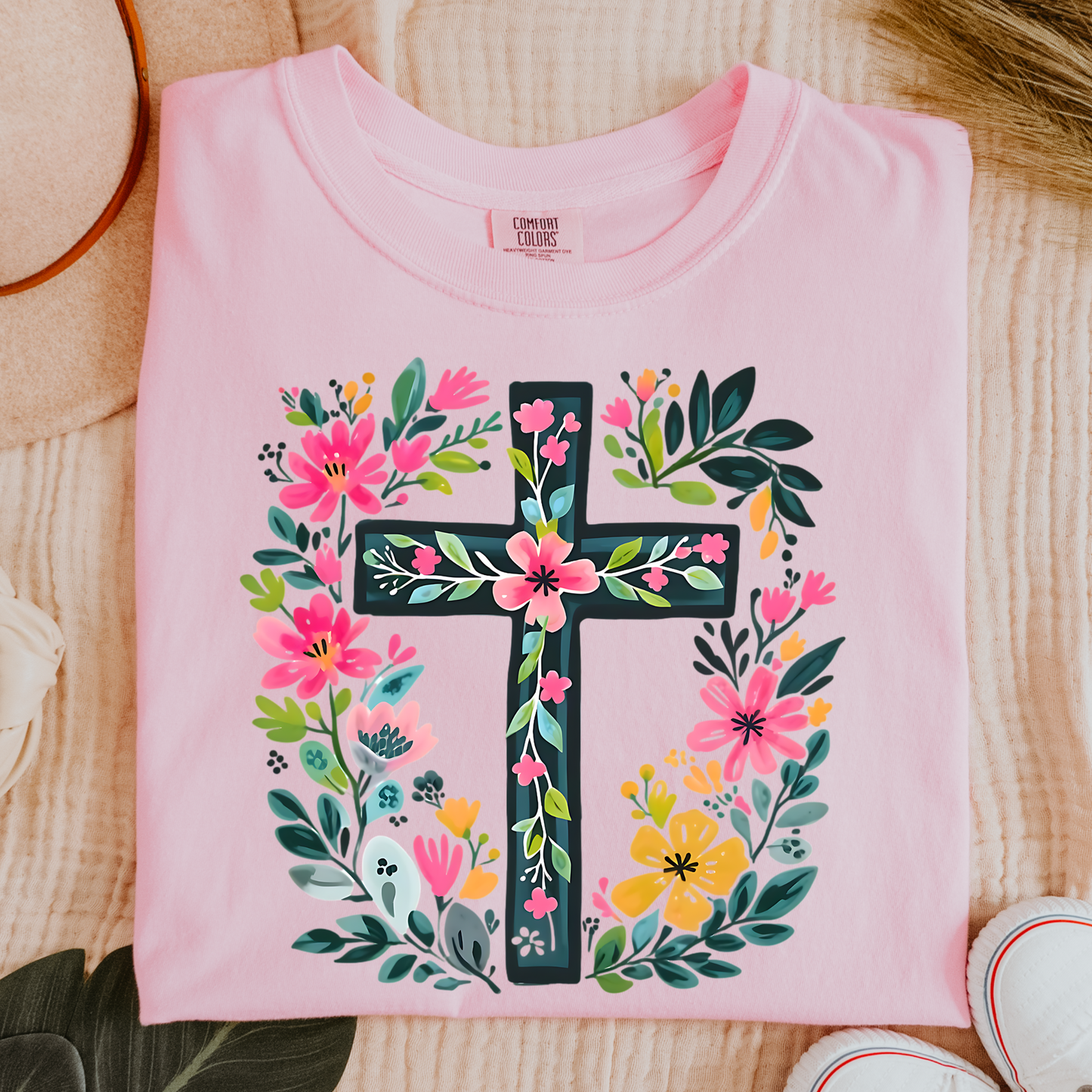 Floral Cross Comfort Colors Tee