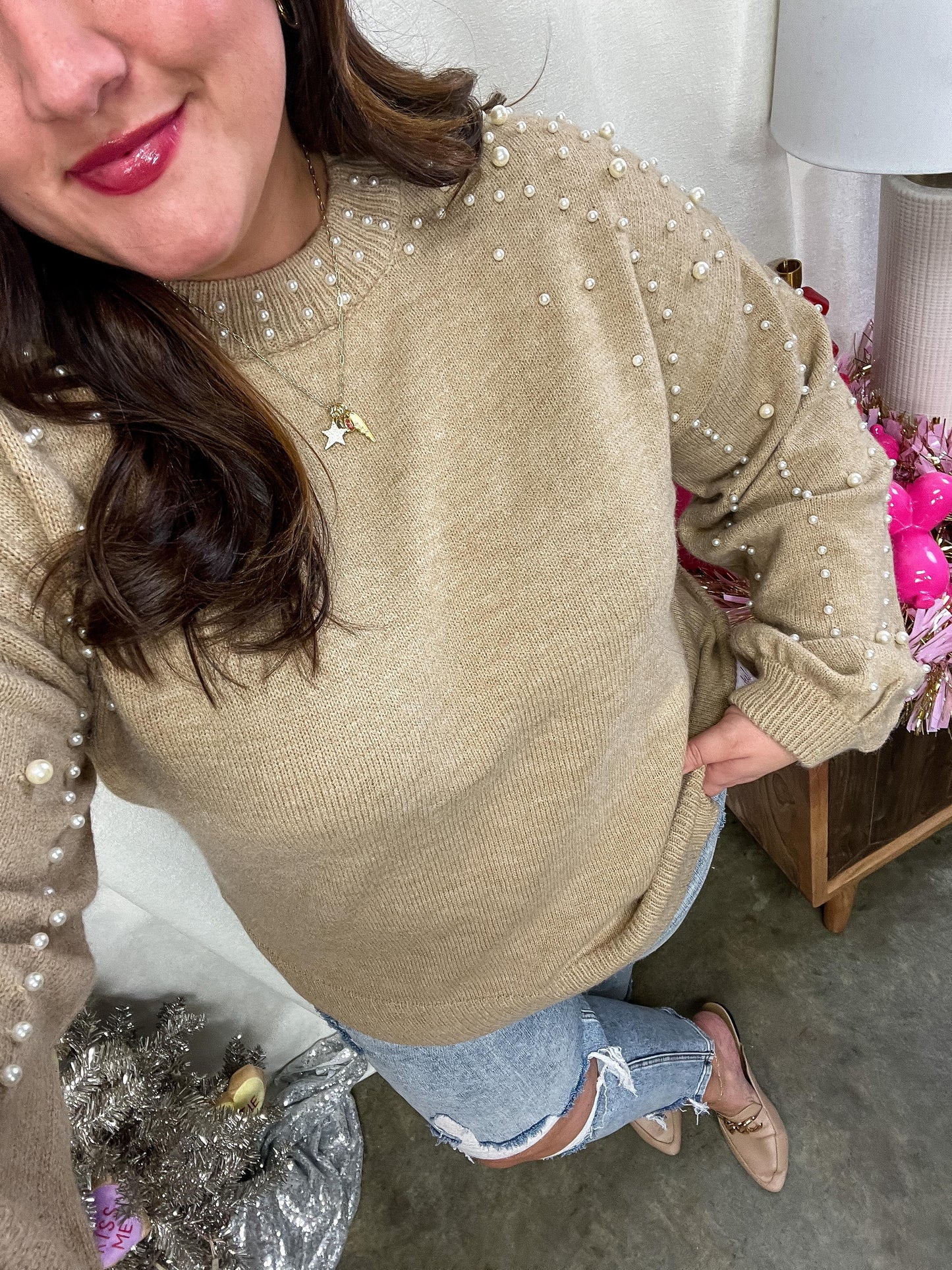 String Me Along Pearl Accent Sweater