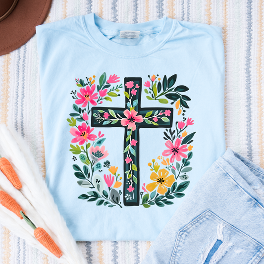 Floral Cross Comfort Colors Tee