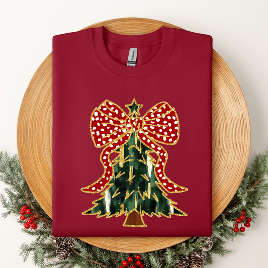 Faux Glitter Bow Tree Crewneck