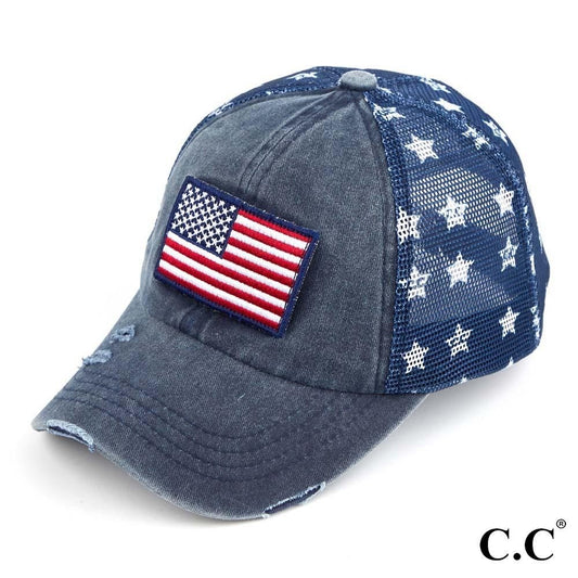 American Flag Vintage Baseball Cap with Mesh Back and Star Details