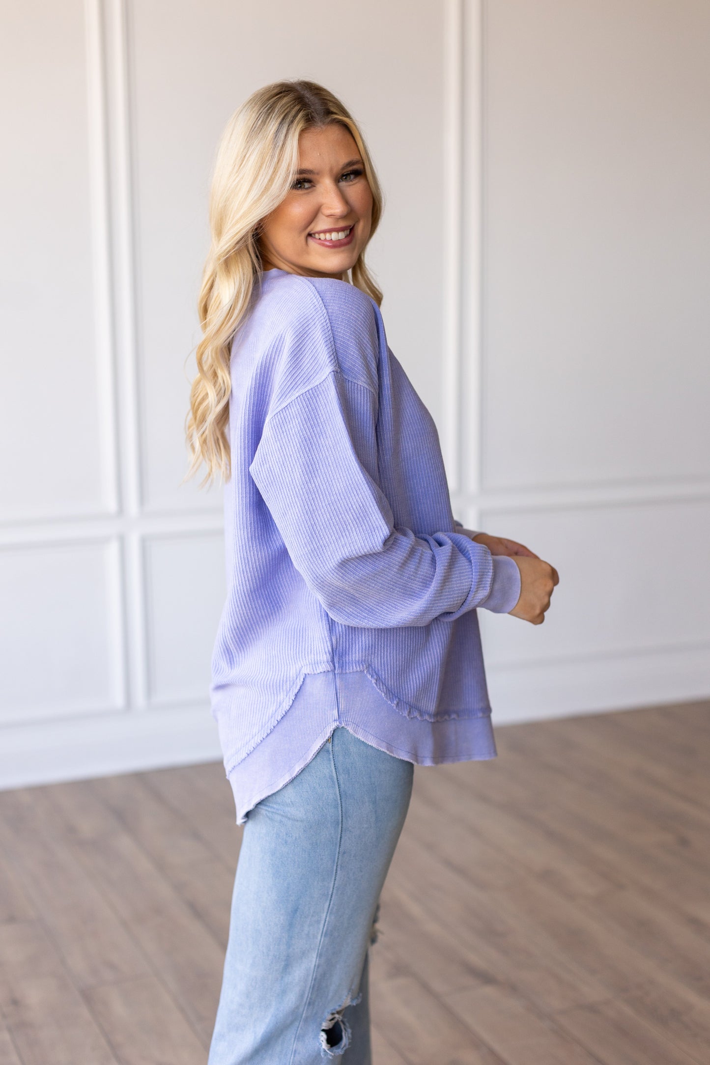 ROUNDED BOTTOM Cozy Cord Crew Sweatshirt - PERIWINKLE - INSTOCK