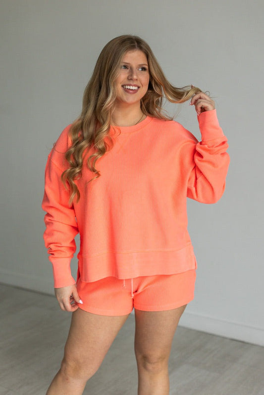Neon Coral Corded Side Slit Crew  - PREORDER