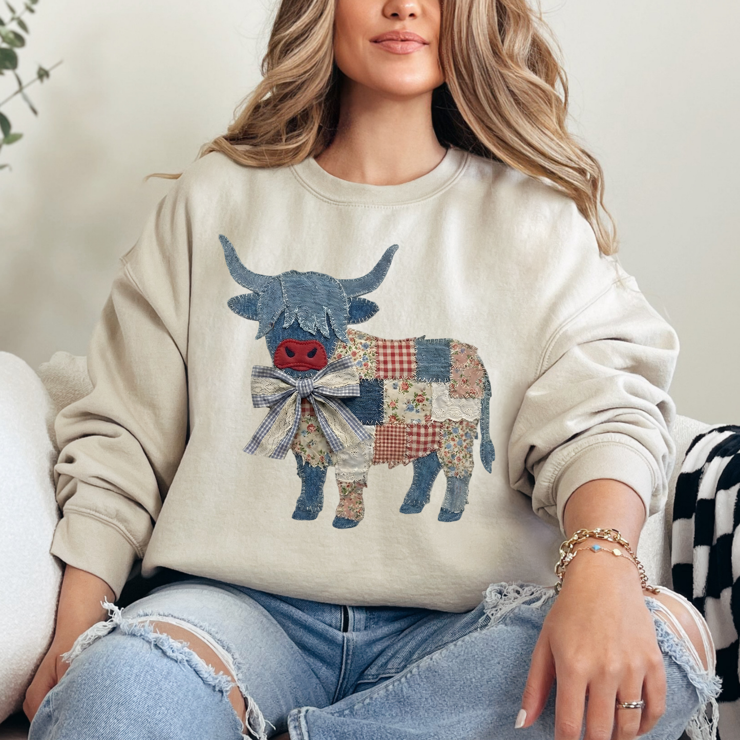 Faux Patchwork Cow Crewneck Sweatshirt