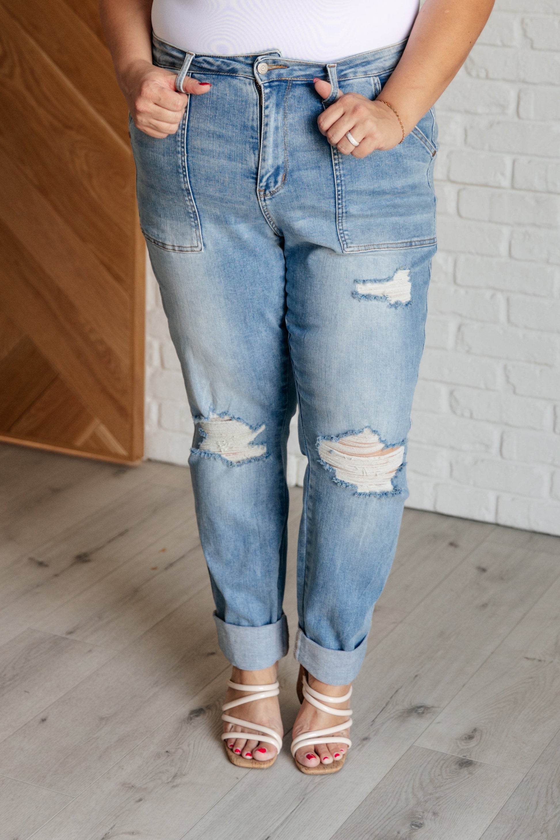 Aiden High Rise Patch Pocket Distressed Boyfriend Jeans – 2313