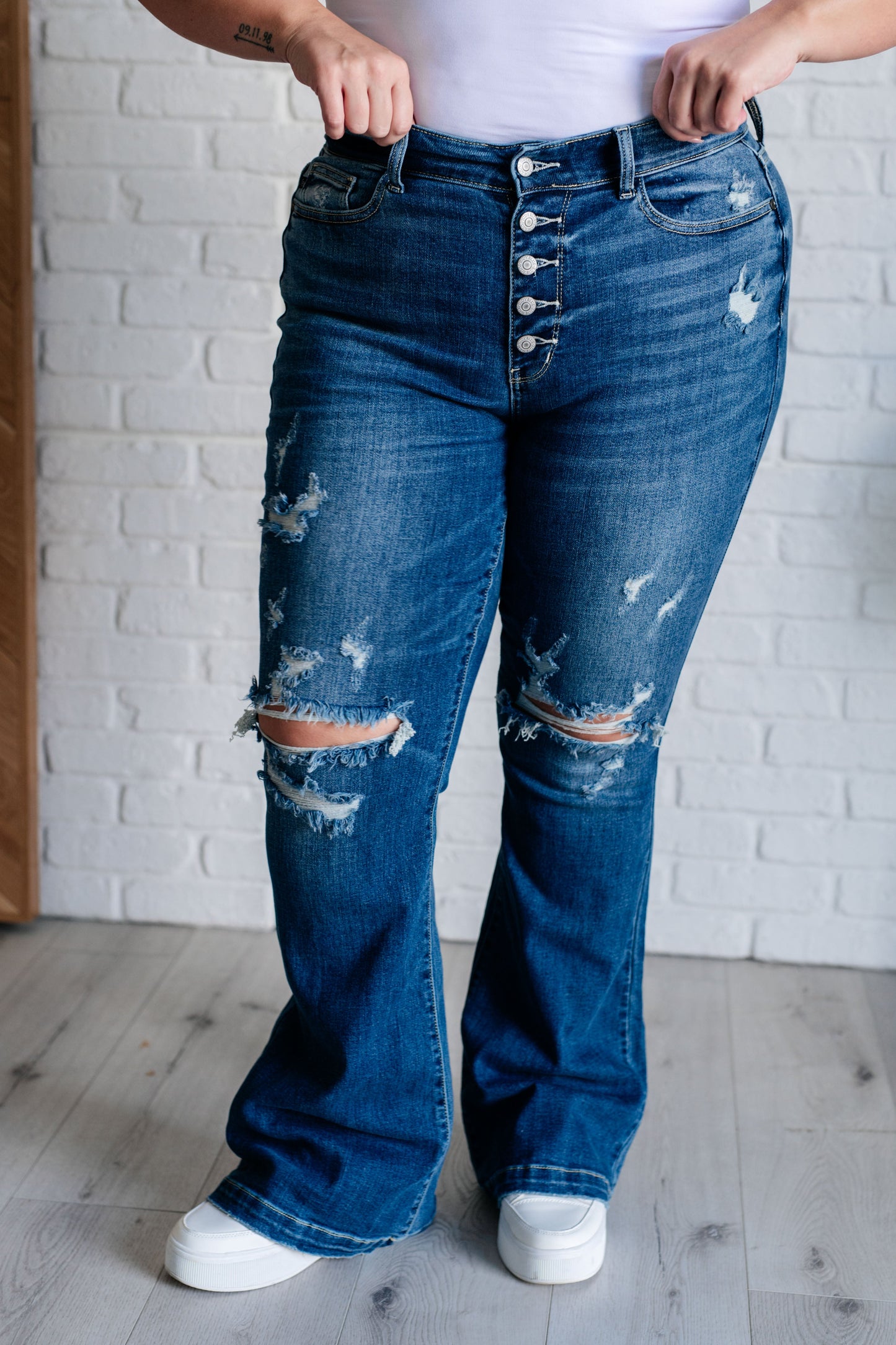 Gabriella Mid Rise Distressed Button Fly Flare Jeans!