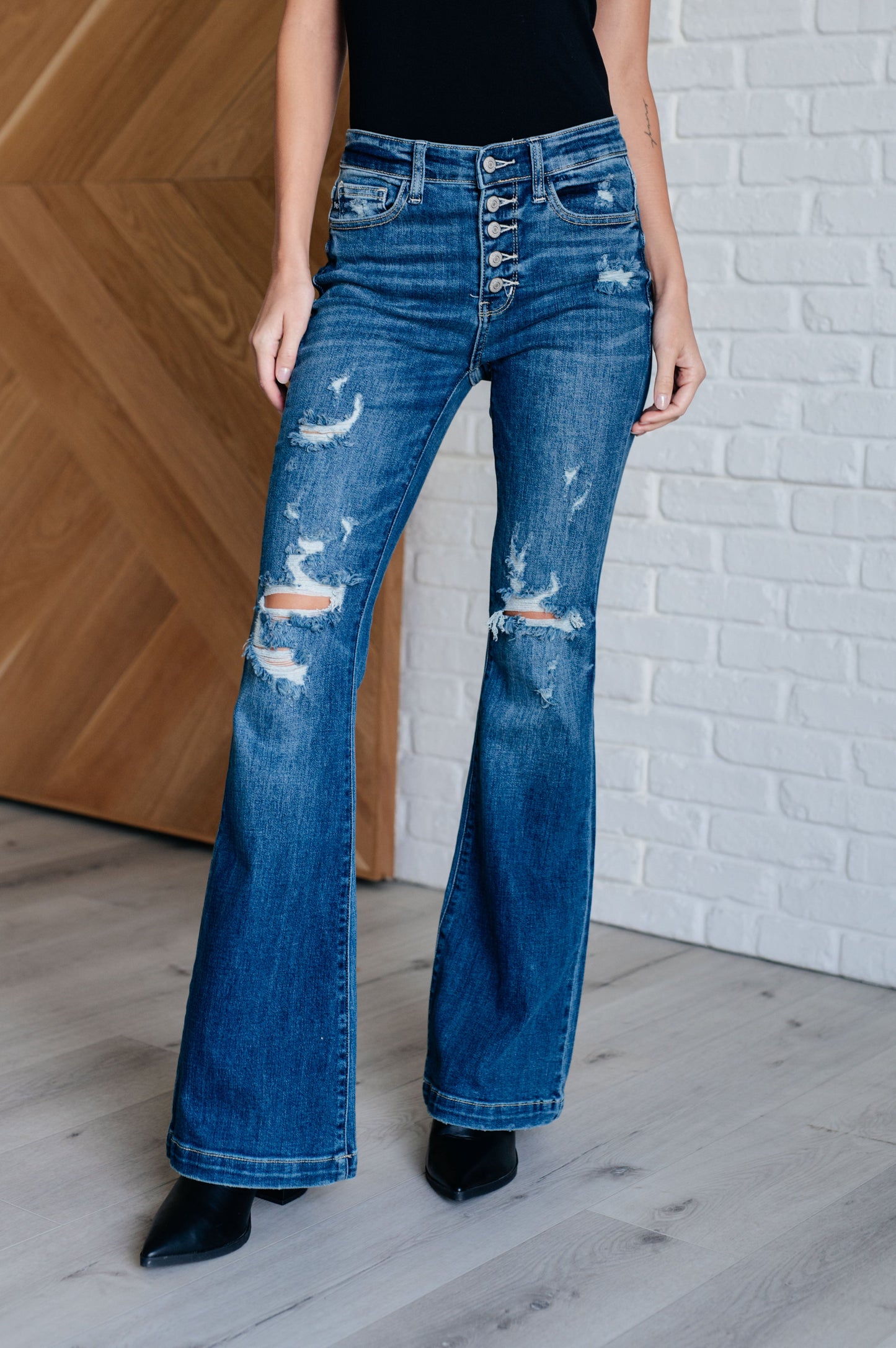 Gabriella Mid Rise Distressed Button Fly Flare Jeans!