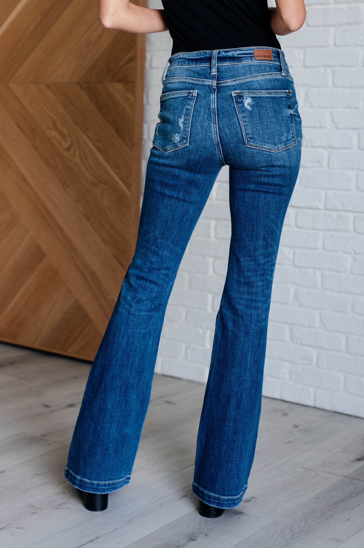 Gabriella Mid Rise Distressed Button Fly Flare Jeans!