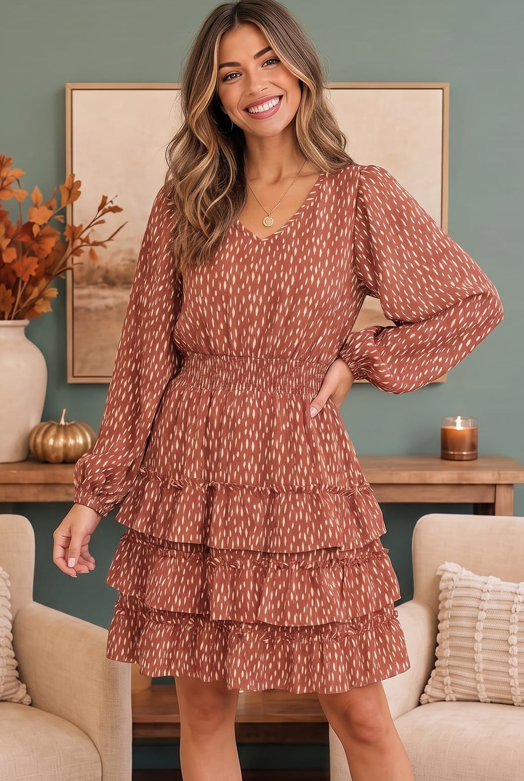 Rust Speckled Ruffle Tiered Dress