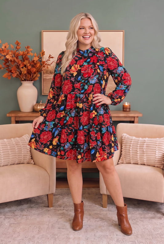 Bold Blooms Long Sleeve Tiered Dress