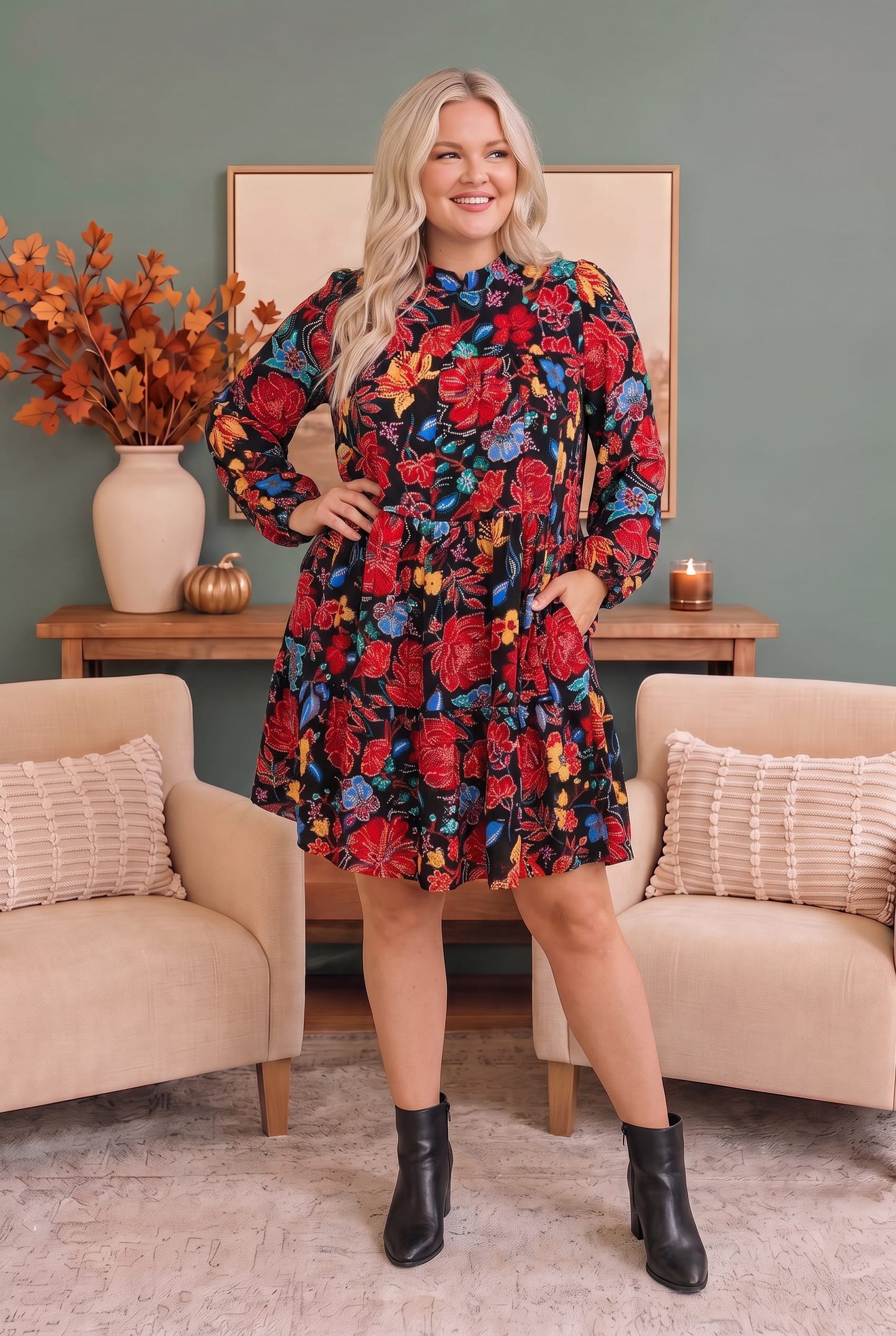 Bold Blooms Long Sleeve Tiered Dress