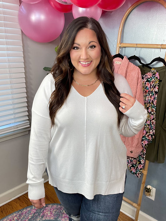 Candy V-Neck Front Seam Sweater in Ivory