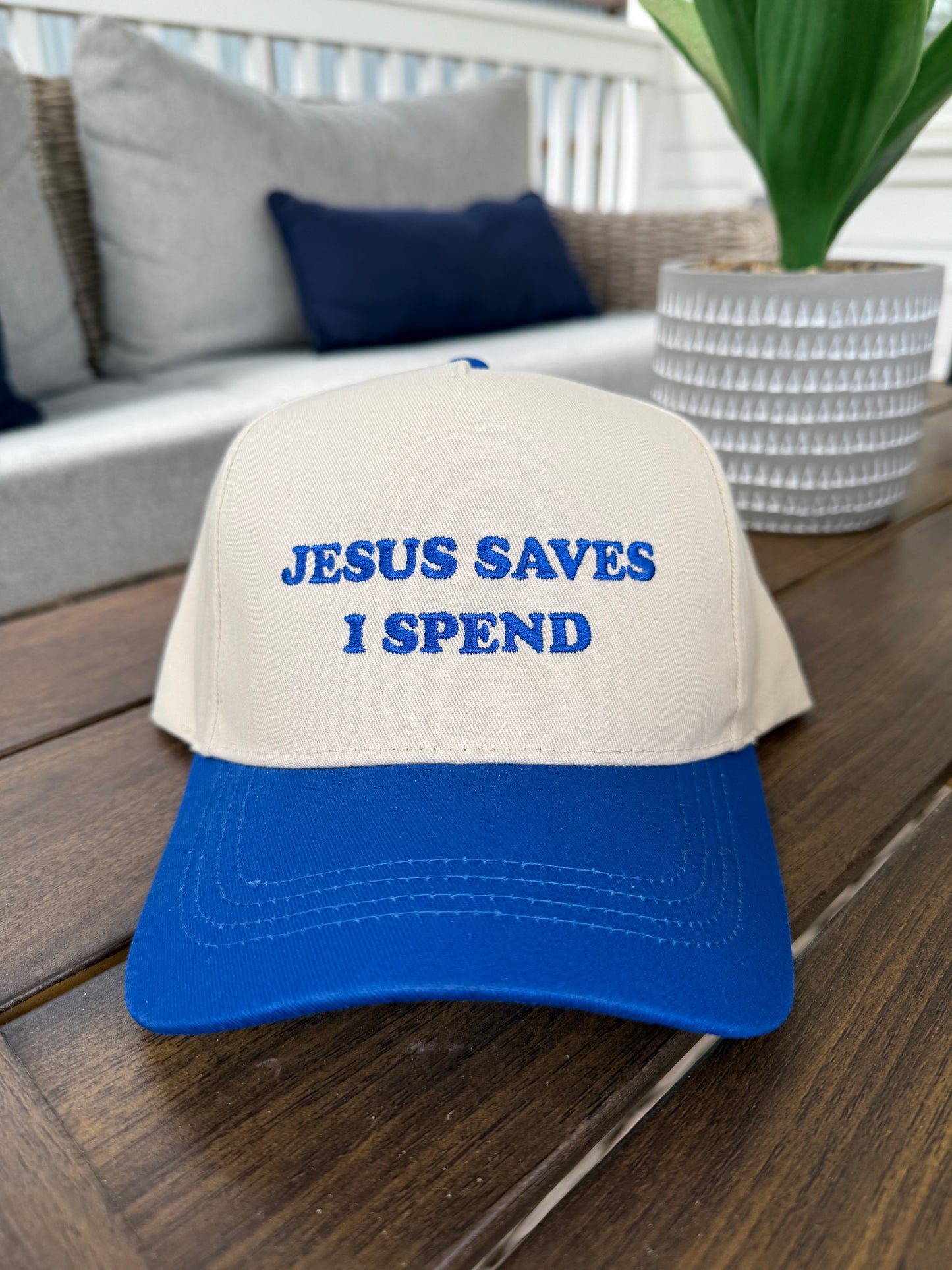 "JESUS SAVES I SPEND" Embroidered Two Tone Baseball Cap