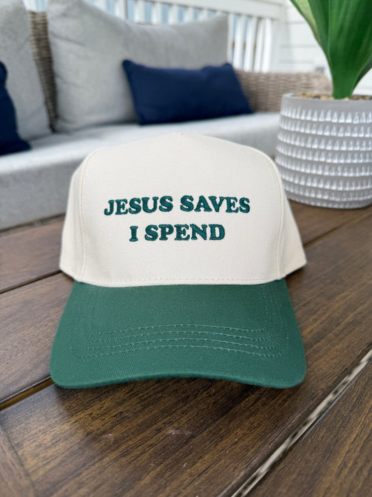 "JESUS SAVES I SPEND" Embroidered Two Tone Baseball Cap