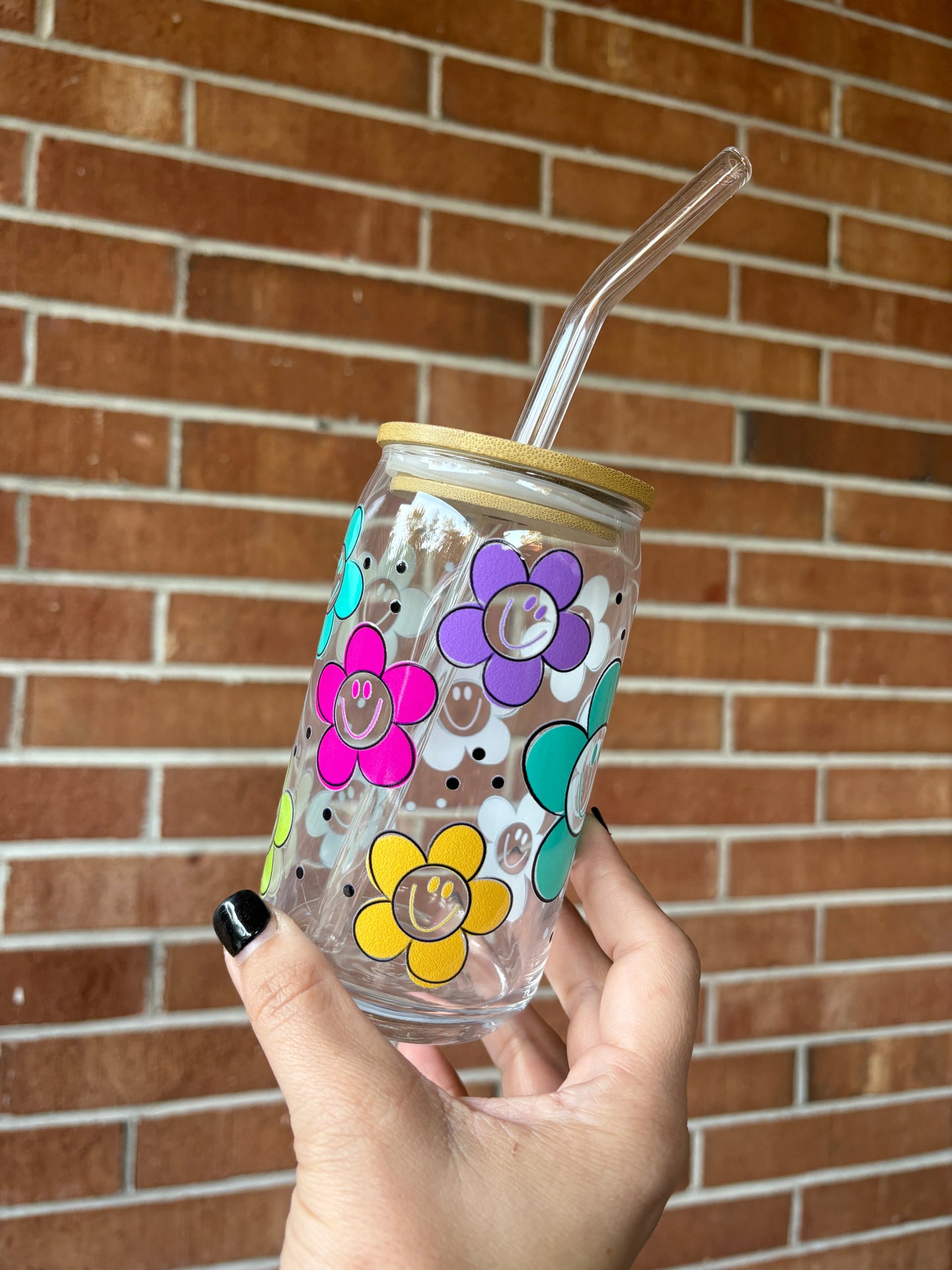 Flower Smiley 16oz glass tumbler