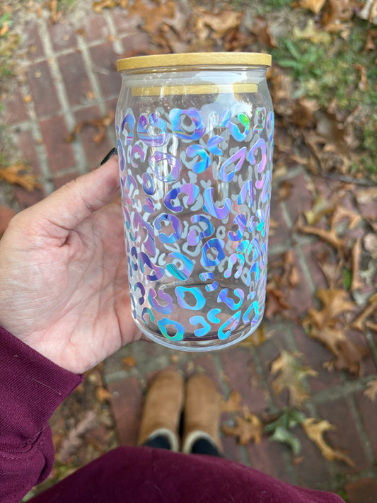 Blue Leopard 16oz glass tumbler