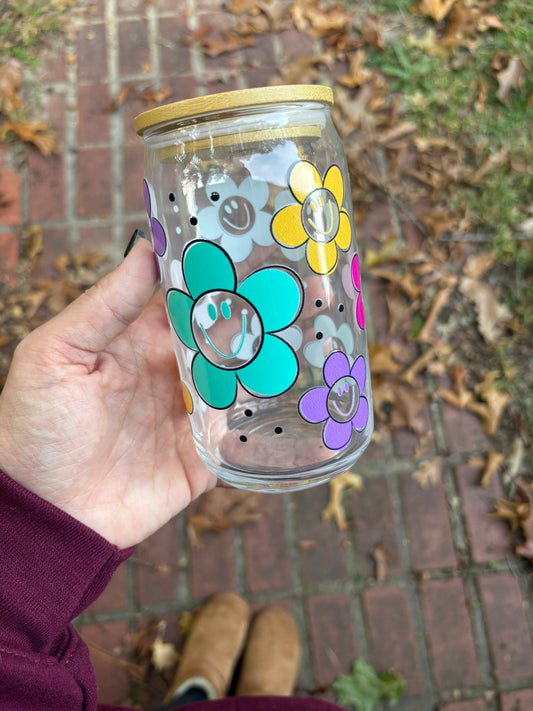 Flower Smiley 16oz glass tumbler