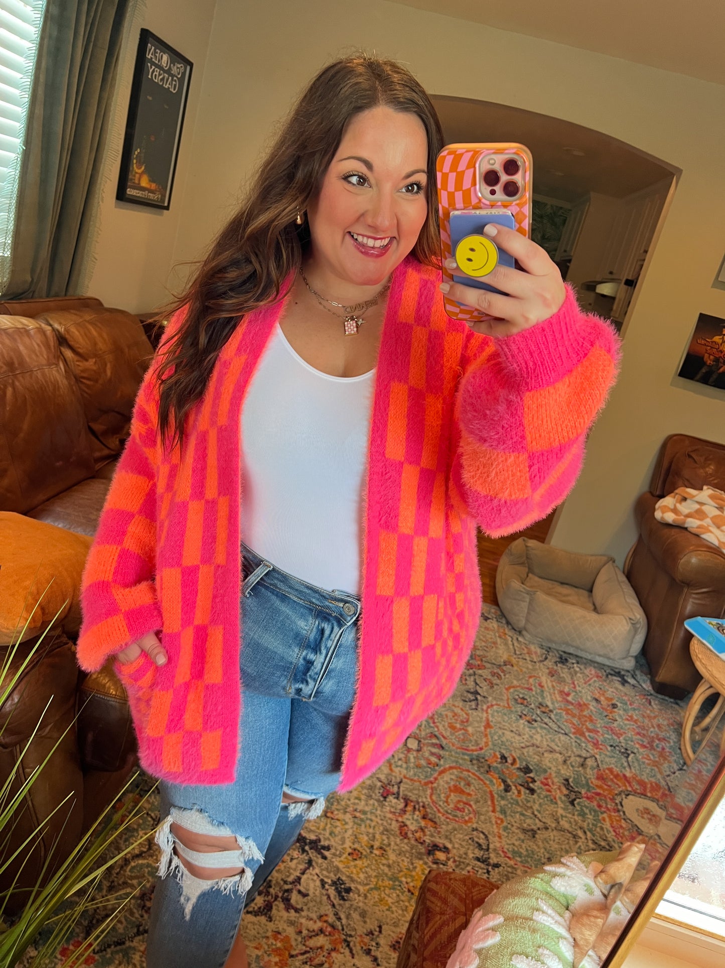 Noticed in Neon Checkered Cardigan in Pink and Orange