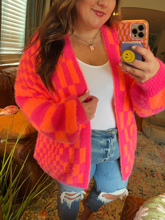 Noticed in Neon Checkered Cardigan in Pink and Orange