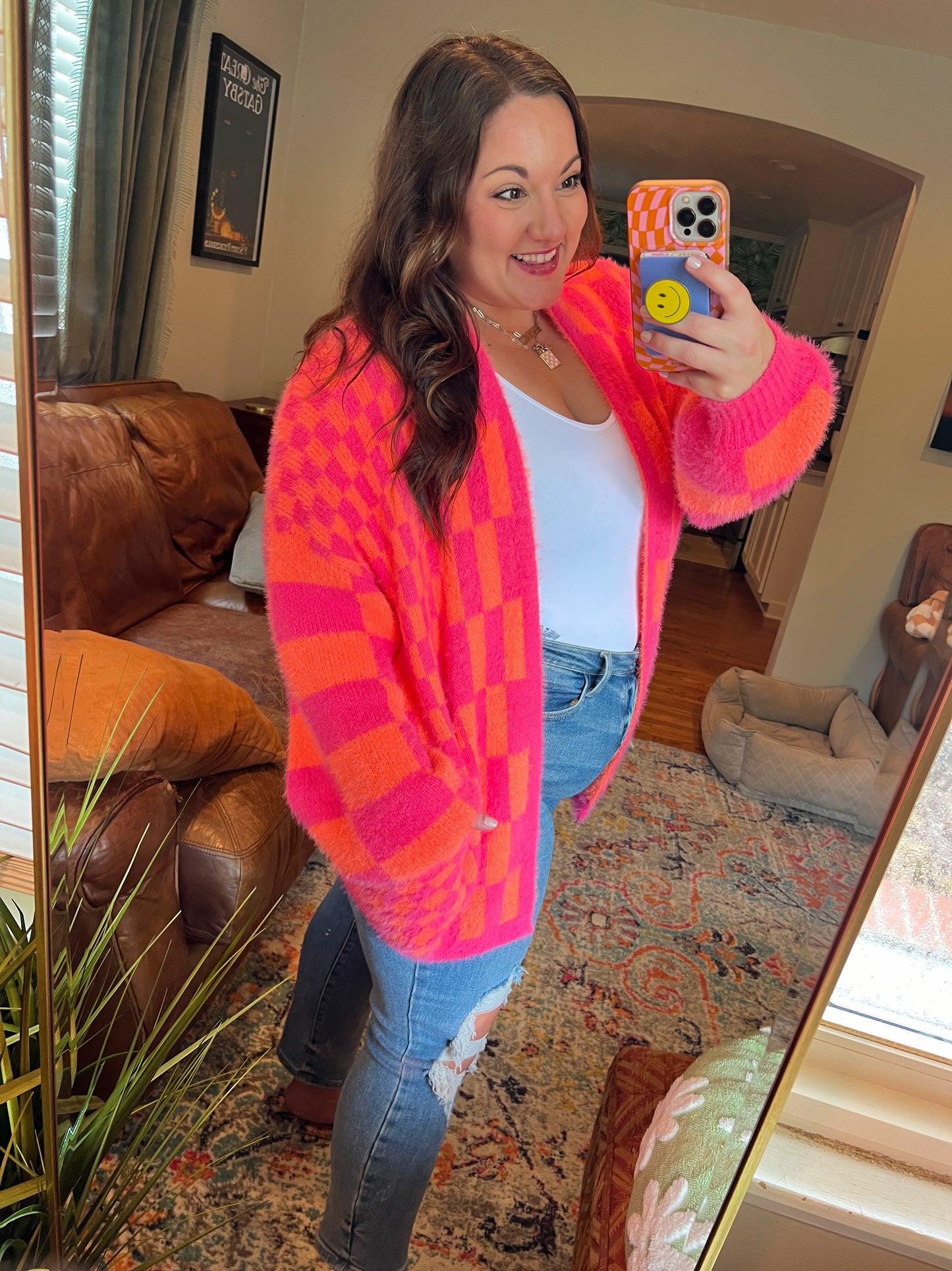 Noticed in Neon Checkered Cardigan in Pink and Orange