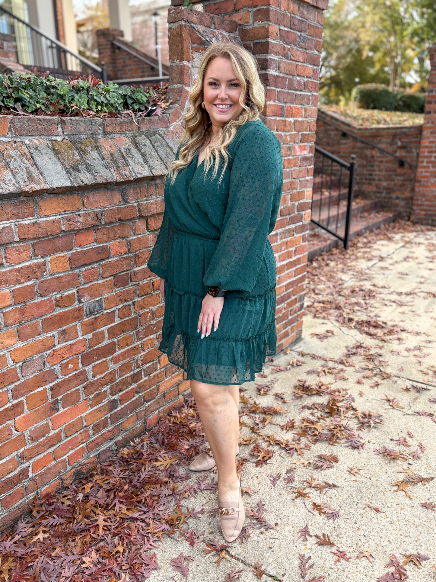 Starlit Glow V-Neck Tiered Dress in Hunter Green