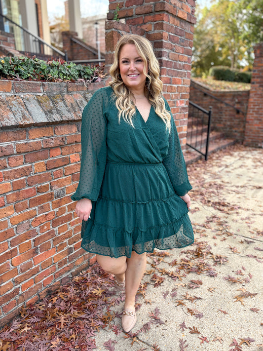 Starlit Glow V-Neck Tiered Dress in Hunter Green