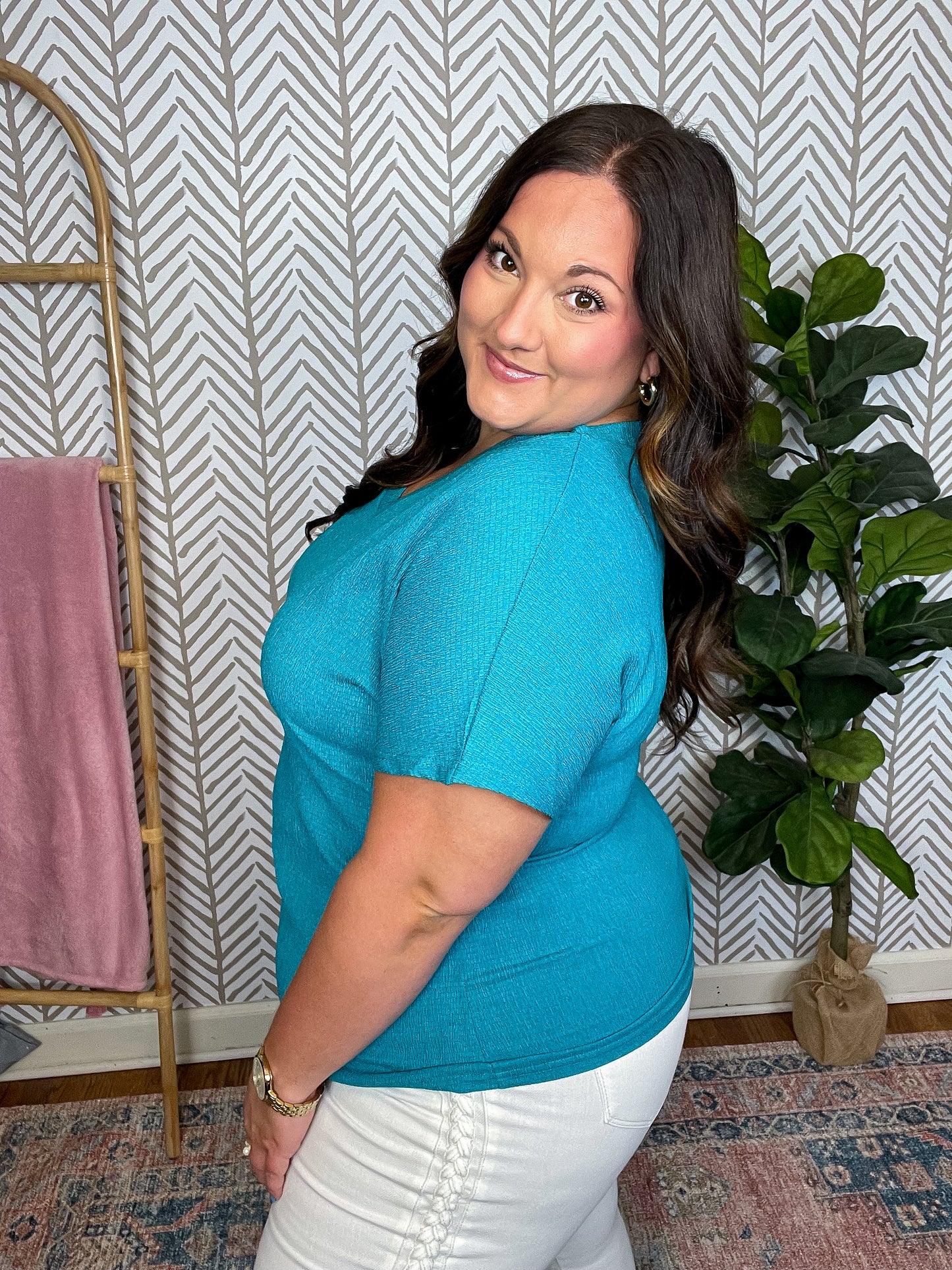 Trial and Error Textured V-Neck Blouse in Teal