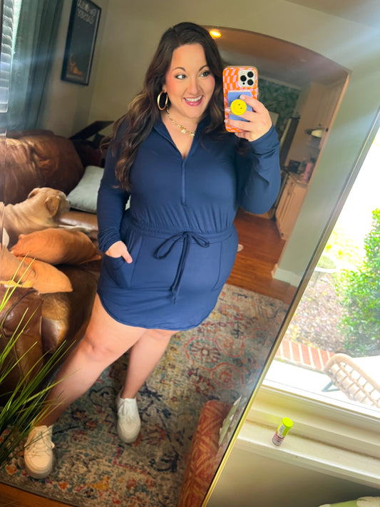 Getting Out Long Sleeve Hoodie Romper in Navy