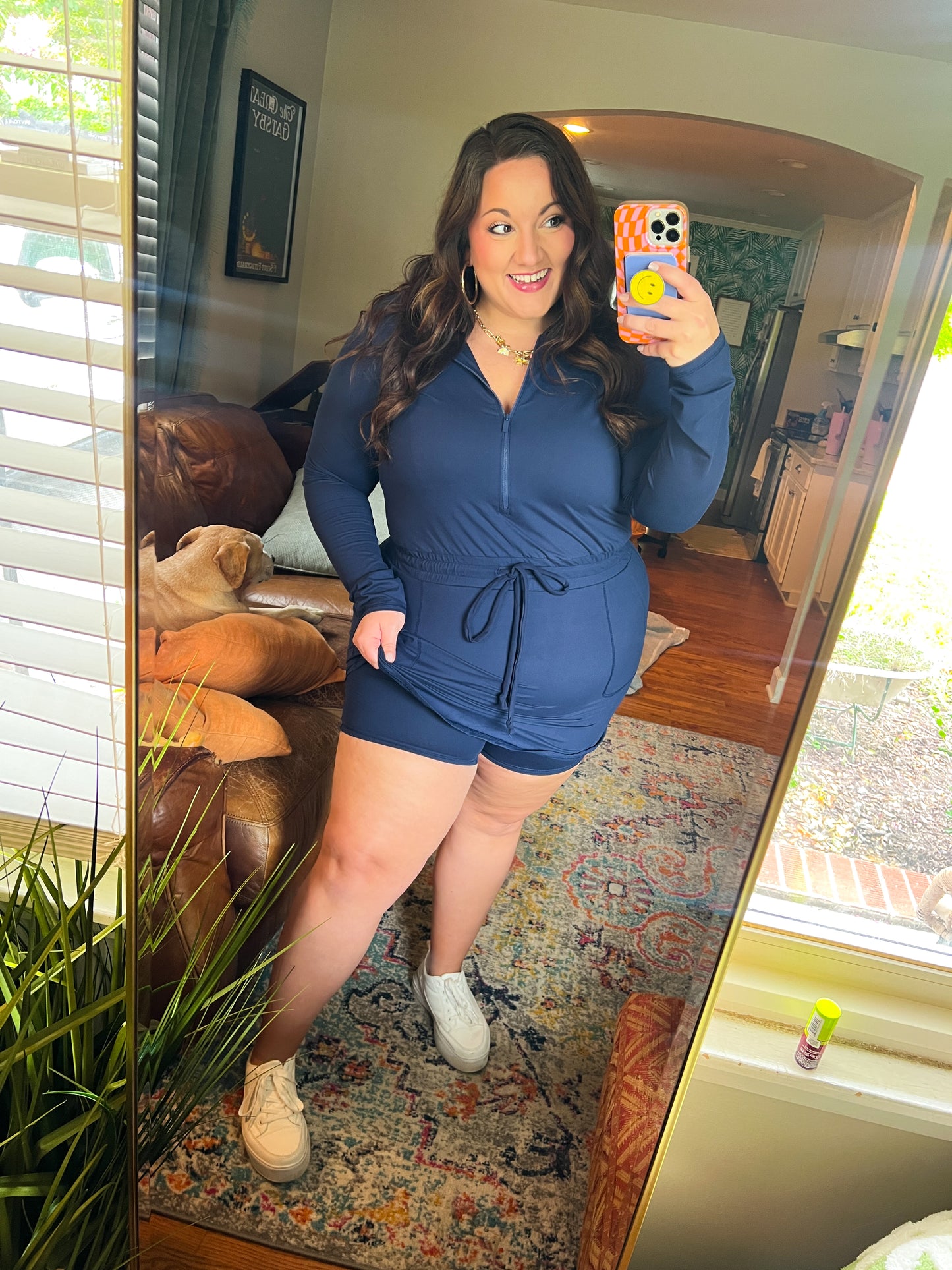 Getting Out Long Sleeve Hoodie Romper in Navy