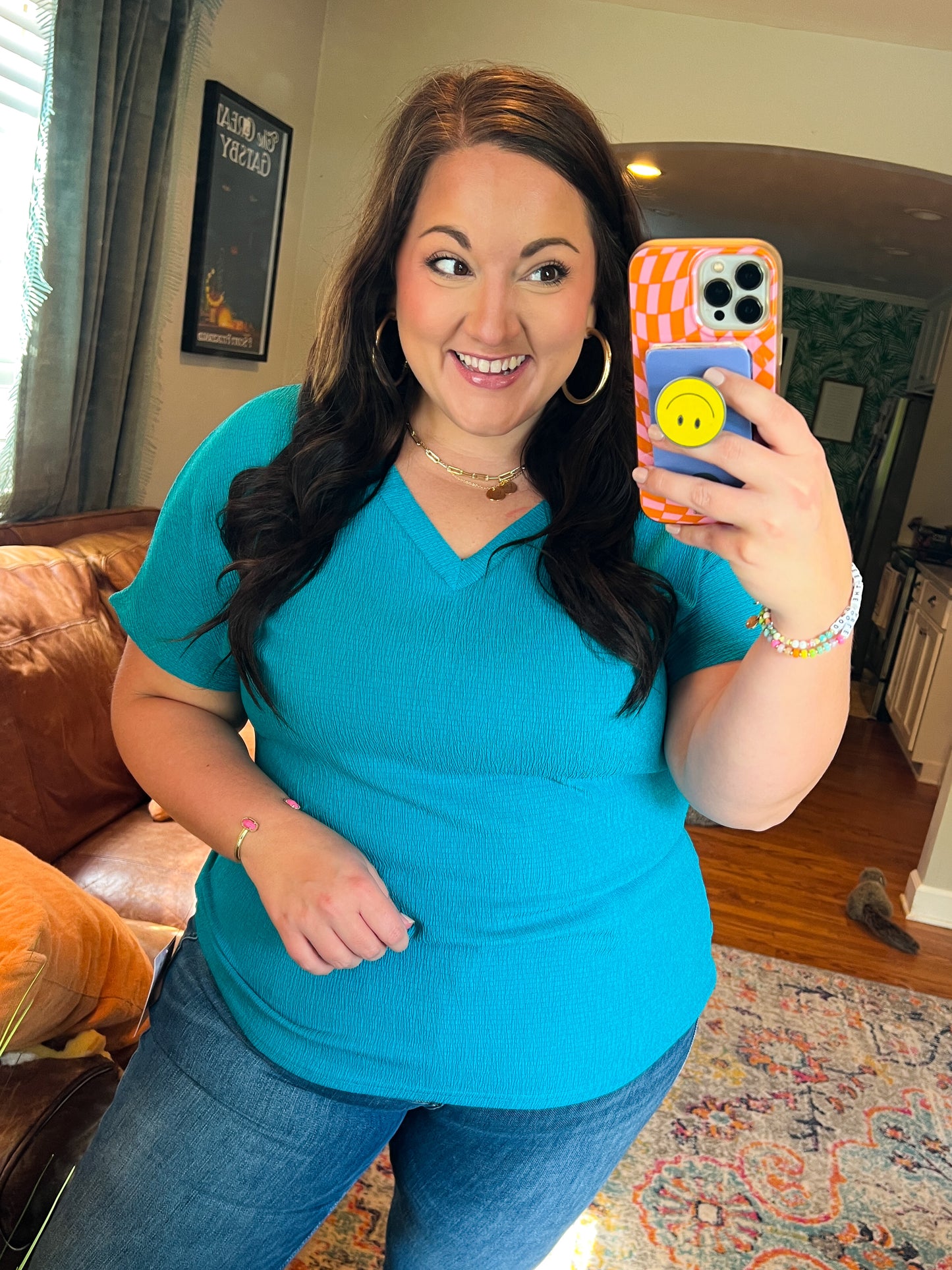 Trial and Error Textured V-Neck Blouse in Teal