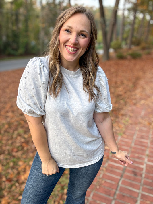 Diamonds and Pearls Puff Sleeve Top in Light Grey