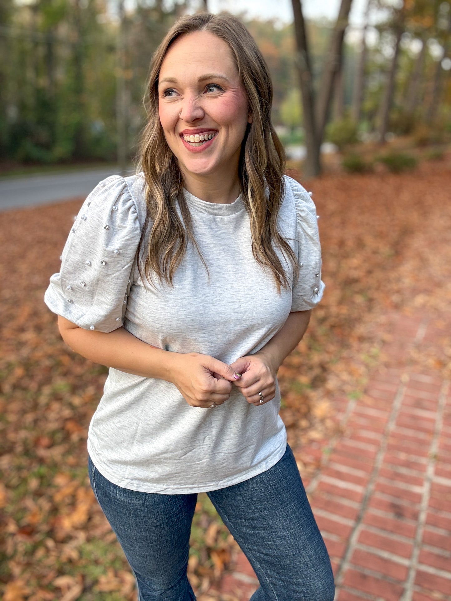 Diamonds and Pearls Puff Sleeve Top in Light Grey