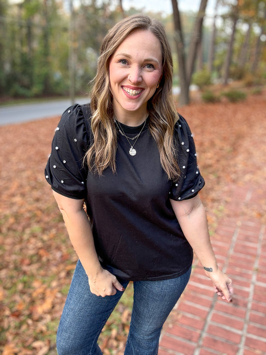 Diamonds and Pearls Puff Sleeve Top in Black