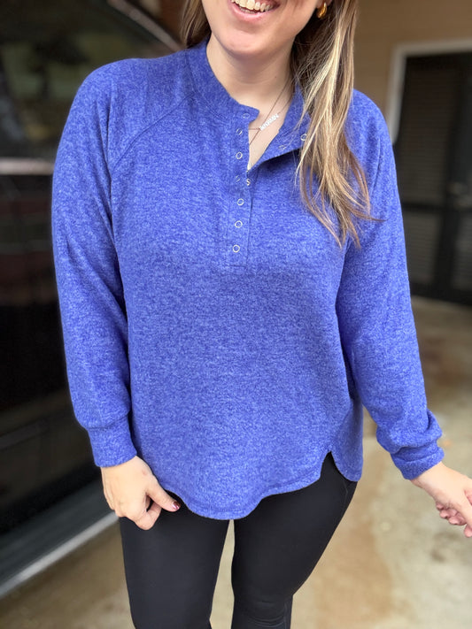 Keeping it Real Brushed Melange Hacci Long Sleeve Tee in Bright Blue